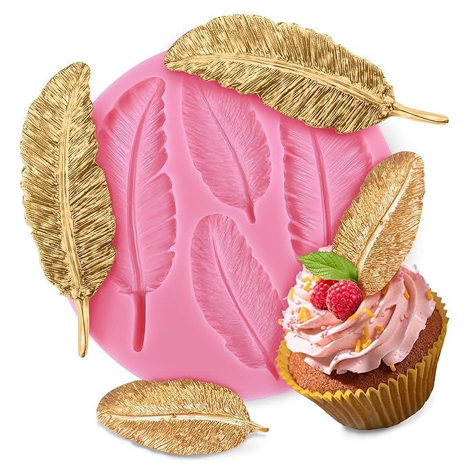Feather Mold Silicone – Feather Chocolate Mold – 0.3" Thick Pink 3D Design, Different Sizes of Feathers, Easy to Use, Flexible & Reusable, Works with Various Materials | for Pastry Cake Decorations