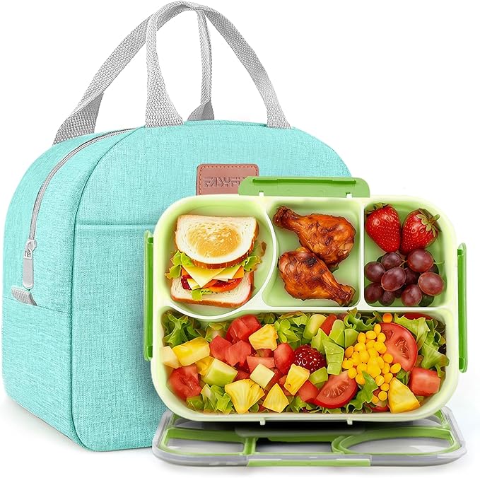 EASYFUN Bento Lunch Box Set Bento Box, 4-Compartment Lunch Containers,High Capacity Lunch Tote Bags for Work, Travel, Outdoor (Green)