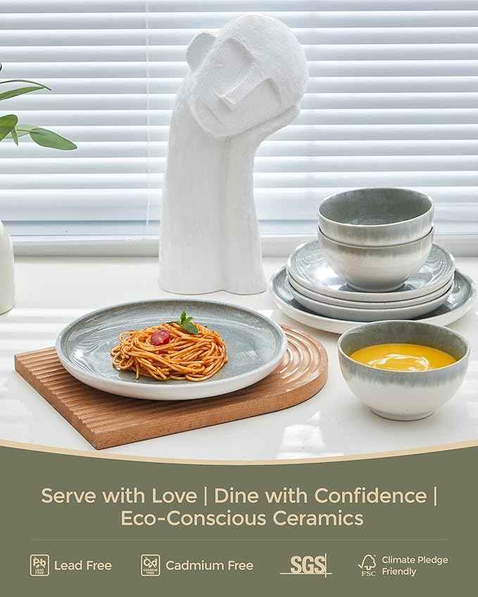 Ceramic Dinnerware Sets for 6, 18 Pieces Stoneware Plates and Bowls Sets, Chip and Stain Resistant Modern Dishes, Dishwasher & Microwave Safe Dinner Set, Gradient Green