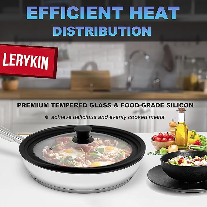 Lerykin Tempered Glass Lid - Universal Lid with Heat Resistant Silicone Rim for Pots, Pans and Skillets - Pan Cover Replacement Lid Fits 6.5", 7" and 8" Diameter Cookware