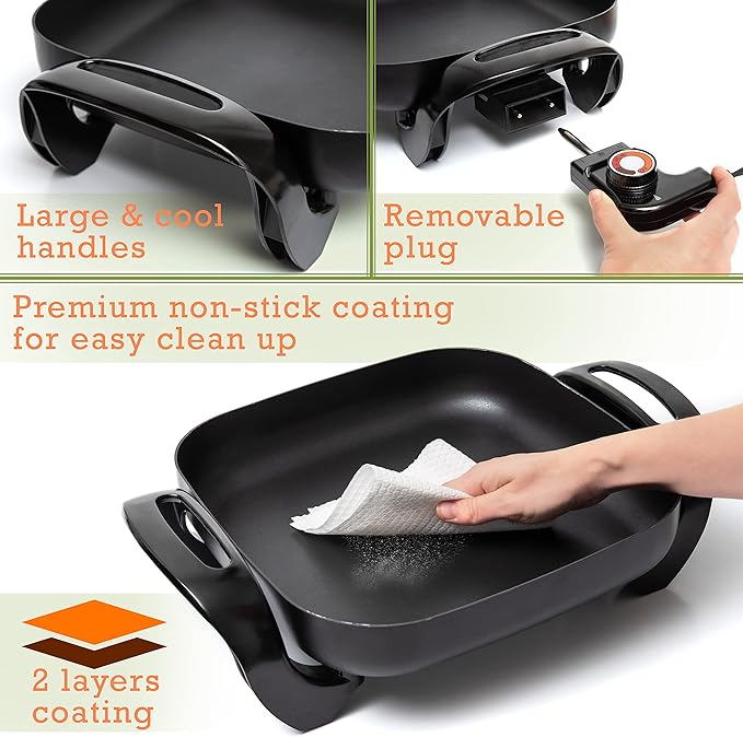 Moss & Stone Square Nonstick Electric Skillet With Lid, Aluminum 12x12 Inch Electric Frying Pan 5Qt, Nonstick Cooking Surface, Adjustable Temperature Control, Vented Glass Lid, Heat-Resistant Handle