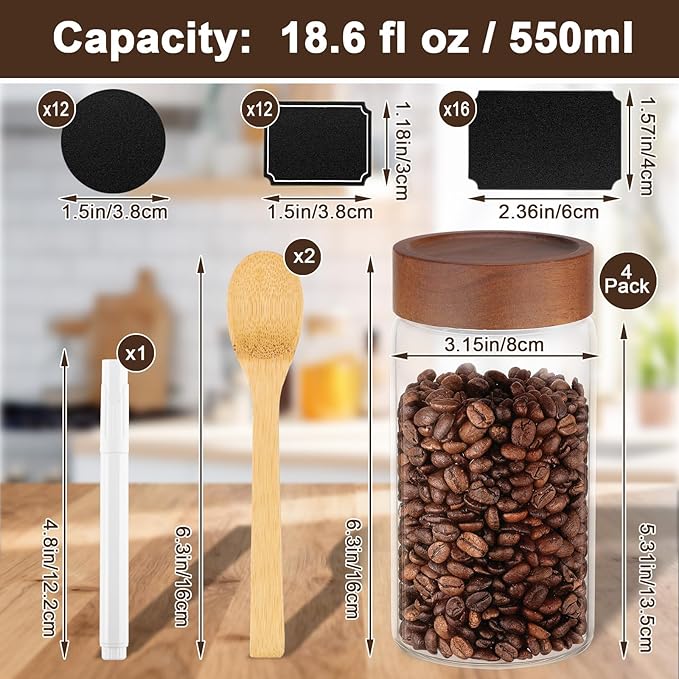 Glass Jars with Airtight Lid, 4 Pack 19oz Glass Jars with Wood Lids, Screw Top Kitchen Panrty Storage Canister for Sugar, Coffee, Tea, Oat, Cereal, Candy, Cookie - 3.1 x 5.9 inch Spice Bottle