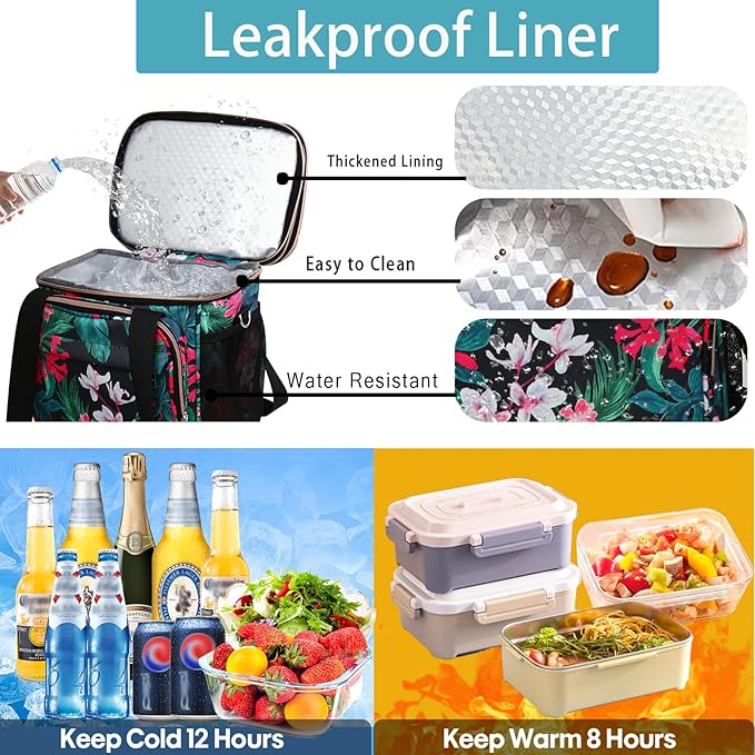 GLENKEY Versatile Lunch Box Cooler Bag - Expandable Insulated Lunch Bag Tote for Women - Large Lunchbox for Adults Work Office Outside Trips Floral 16L