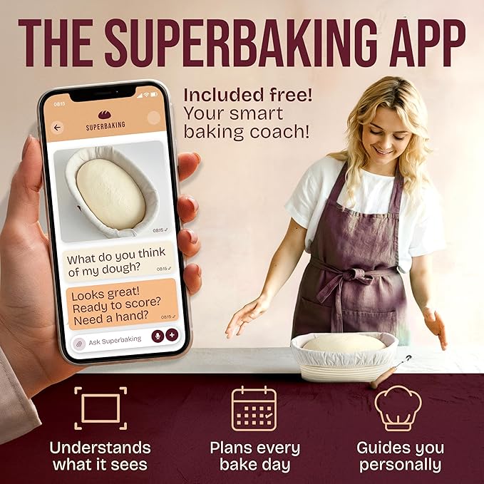 Superbaking 10" Oval Banneton Bread Proofing Basket – Sourdough Starter Kit for Crusty Artisan Style Loaves, Includes Essential Bread Baking Supplies & Tools - Ideal Gift for Bakers