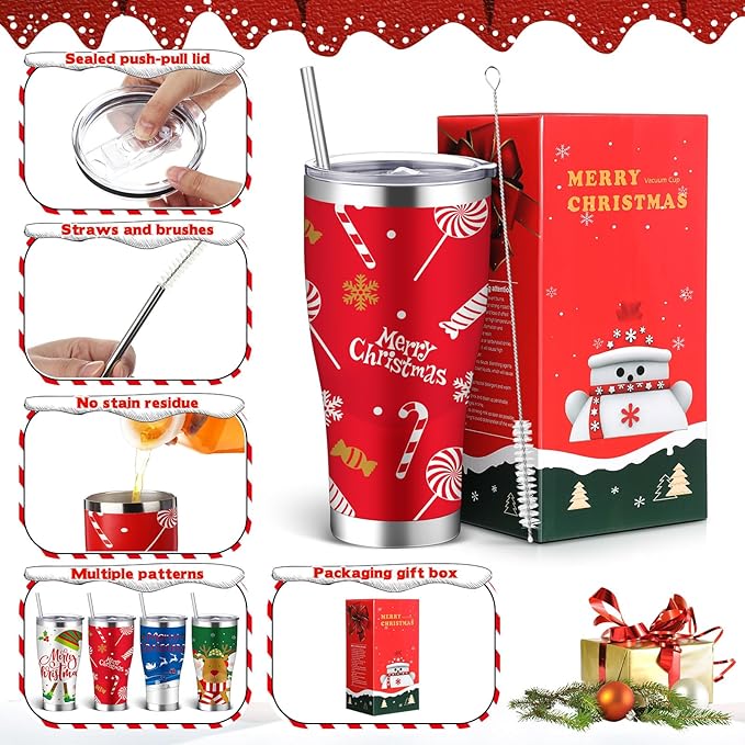Mifoci 4 Pcs 30 oz Christmas Tumbler with Lid and Straw Stainless Steel Christmas Mug Double Insulated Cup Insulated Coffee Tumbler with Straw Brush for Holiday Coworkers Women Gifts (Style 4)
