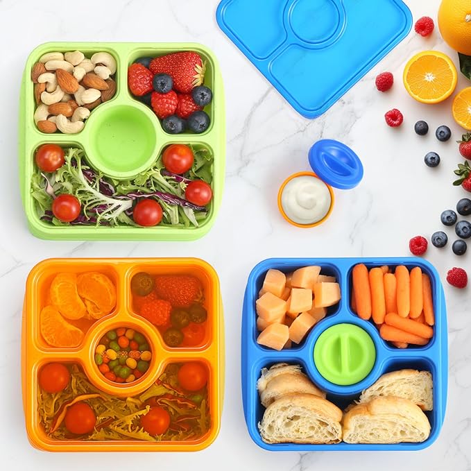 QQKO Bento Snack Box Containers for Adults Kids, 4 Pack Lunchable Meal Prep Containers Reusable, Stackable Bento Lunch Box, Food Storage Prep Containers with Lids and 4 Sauce Cups, Jewel Color