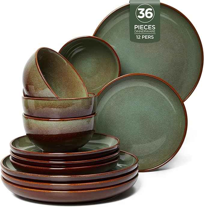 Stoneware Dinnerware Sets Service for 12, 36 pcs Reactive Glaze Plates and Bowls Sets, Handmade Ceramic Dish Set, Highly Chip and Crack Resistant Modern Plate Set, Brown Green