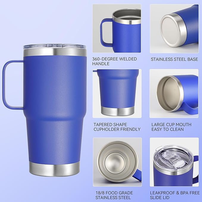 20 oz Stainless Steel Tumbler with Handle Bulk Metal Insulated Tumblers Travel Coffee Mug with Handle Double Wall Tumbler Cup with Lid and Straw, Blue 12 Pack