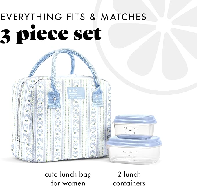 Fit & Fresh Bloomington Lunch Bag for Women - Insulated Large Lunch Box for Work with Containers, Leak-Resistant, Stain-Resistant, Zipper Closure, Blue Wallpaper Bows