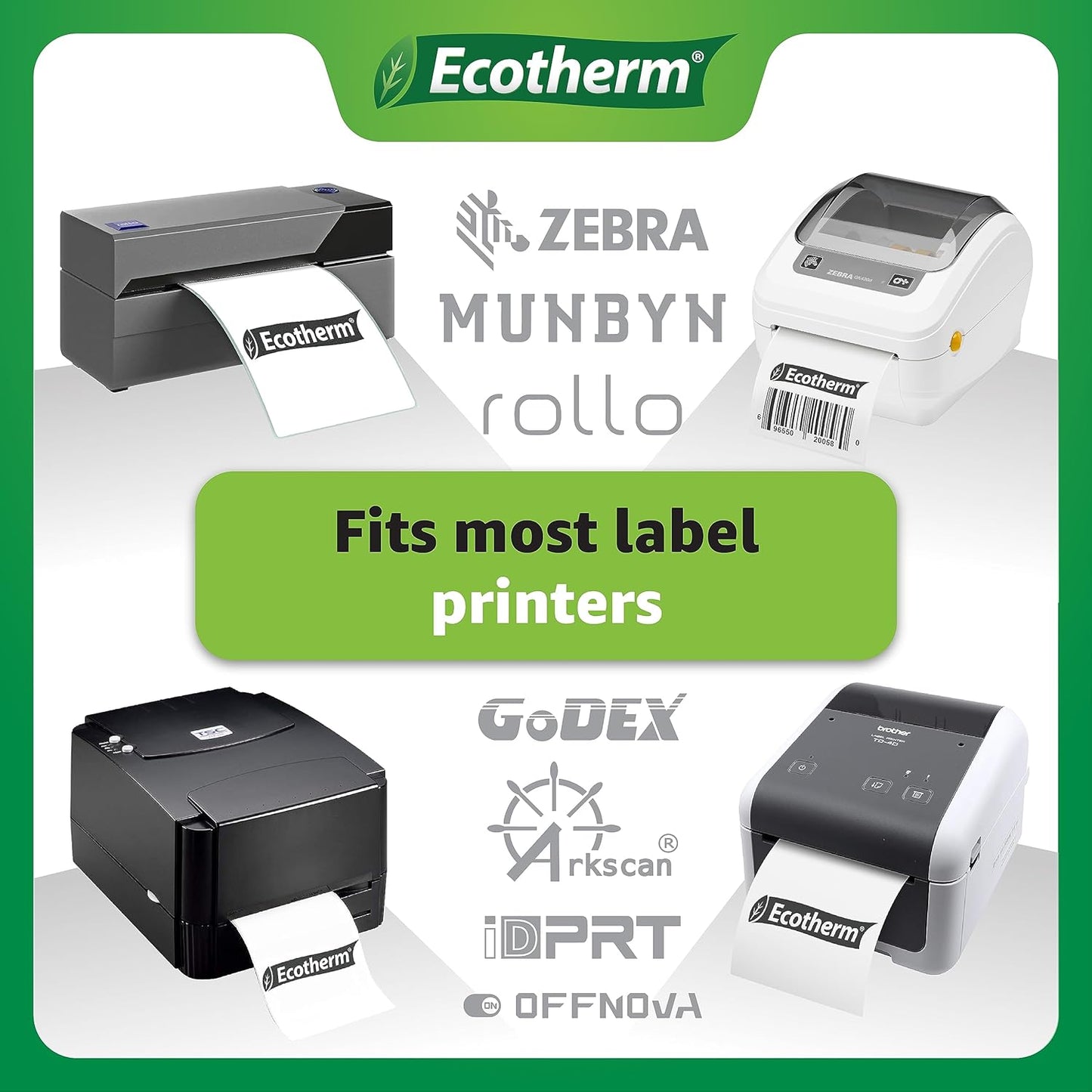 4" x 1" Thermal Labels | 4 Rolls | 5360 Labels | fits Zebra, Munbyn, Rollo, Godex, Arkscan, iDPRT, Offnova Thermal Label Printers and More | Blank White Adhesive Stickers by Ecotherm