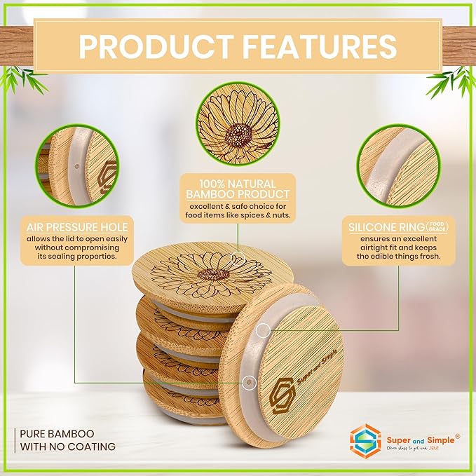 Oui Yogurt Jar Lids – Choose a Design, 4-24 pcs, Silicocne, or Stainless Steel | Airtight Lids That Fit Yoplait Oui Glass Jars | Eco Replacement Tops with Silicone Gasket | Bamboo Aster Flower 4 Pack