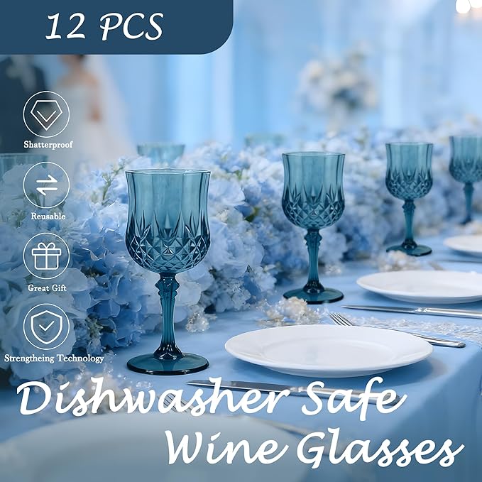 Plastic Wine Glasses, Plastic Goblets Vintage Style Cordial Unbreakable Drinking Glasses, Reusable Drinkware for Wedding Reception, Grand Event Party Supplies (12, Navy Blue)