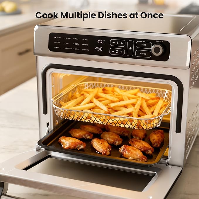 Kismile 25QT Air Fryer Toaster Oven Combo, 12-in-1 Countertop Convection Airfryer Oven, Adjustable 70–450℉ Temperature, Bake, Reheat & Broil, Fits 12″ Pizza, Complete Accessories Included, Silver