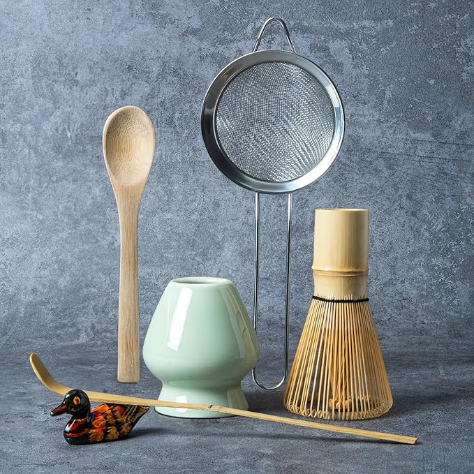Matcha Whisk Set, Matcha Making Kit Whisk (Chasen Holder), Ceramic Whisk Holder (Light Green), Bamboo Scoop, Powder Starter Sifter, Spoon Japanese Tea Tools For Ceremony Gift