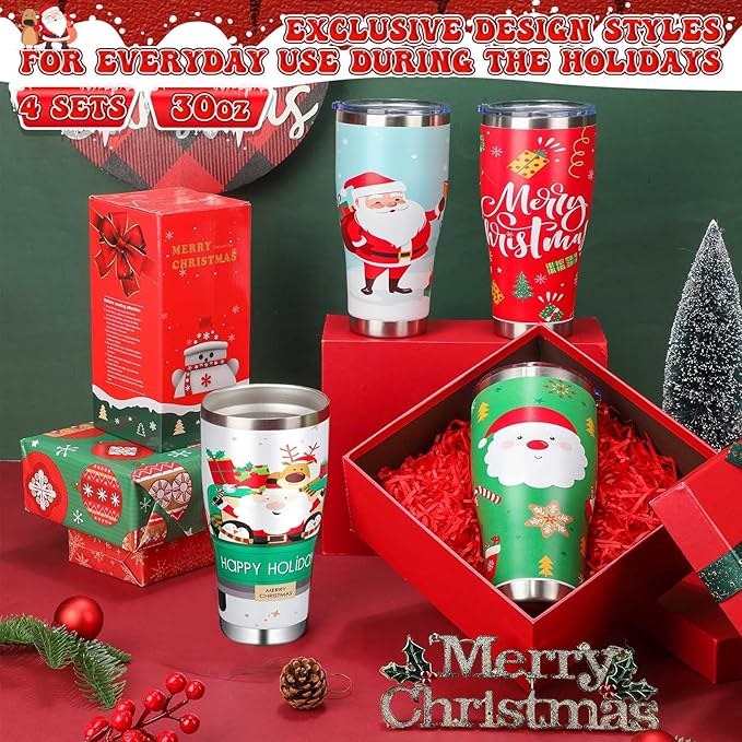 Mifoci 4 Pcs 30 oz Christmas Tumbler with Lid and Straw Stainless Steel Christmas Mug Double Insulated Cup Insulated Coffee Tumbler with Straw Brush for Holiday Coworkers Women Gifts(Style 2)
