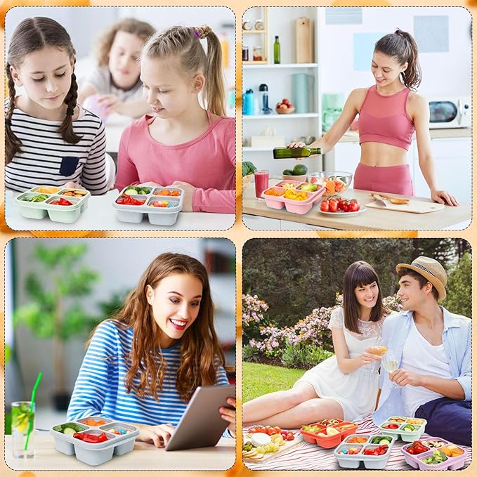 4 Pack Meal Prep Containers, 4 Compartment Bento Snack Boxes, Reusable Divided Lunch Box Containers for Adults, Kids, Toddlers, Travel, Work, School