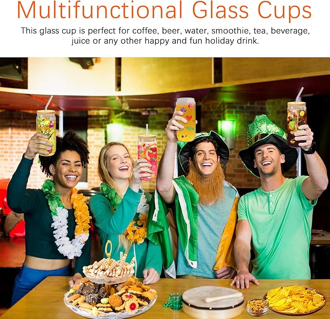 PeacePeo Glass Cups with Lids and Straws 20 Pcs 16 oz Ice Coffee Cup Skinny and Long Can Beer Cups Set Drinking Glasses with Bamboo Lids Reusable Glass Cups Ideal for Smoothies & Beverages