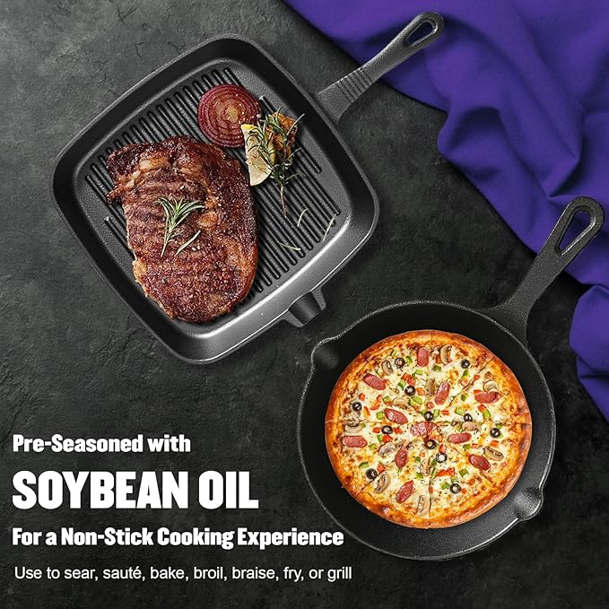 Pre-Seasoned Cast Iron skillets,2 Piece Durable Pots and Pans Set with Handle Covers for Grill, BBQ, Camping Fire, Stovetop, Kitchen and Camping Cookware