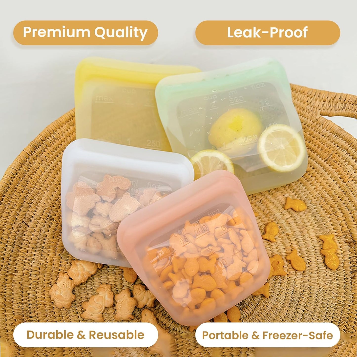 purifyou Set of 4 Reusable Silicone Storage Snack Bags 6oz / 16oz / 32oz / 64oz Self-Seal Food Storage Container for Fruits, Vegetables, Sandwiches, Dishwasher Safe & Leak-free (CloudPink)