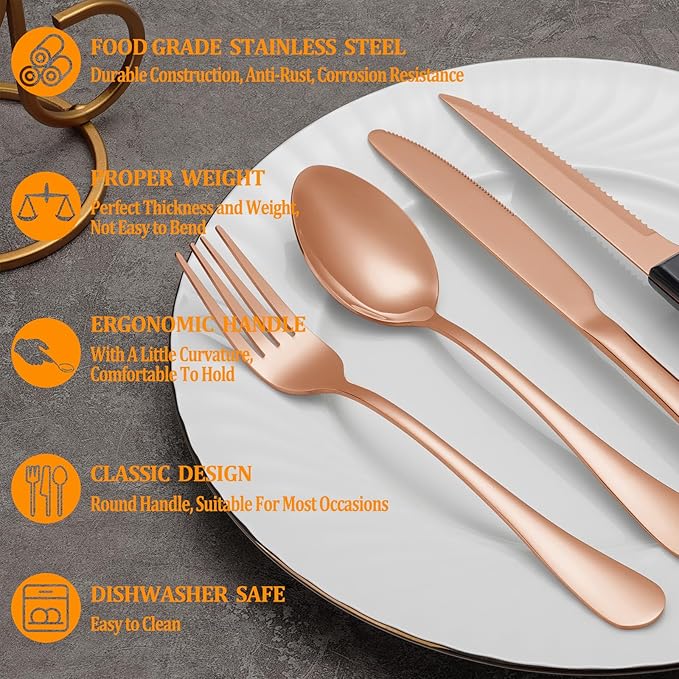 72 Pcs Rose Gold Silverware Set with Steak Knives Service for 12,Stainless Steel Flatware Set,Mirror Polished Cutlery Utensil Set, Kitchen Eating Tableware,Include Fork Knife Spoon Set,Dishwasher Safe
