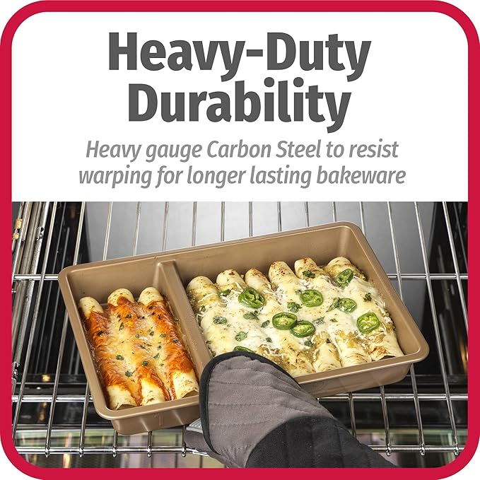 GoodCook 9x13-Inch Nonstick Divided Baking Pan – 2-in-1 Textured Oblong Scratch-Resistant Carbon Steel for Meal Prepping & Sheet-Pan Dinners
