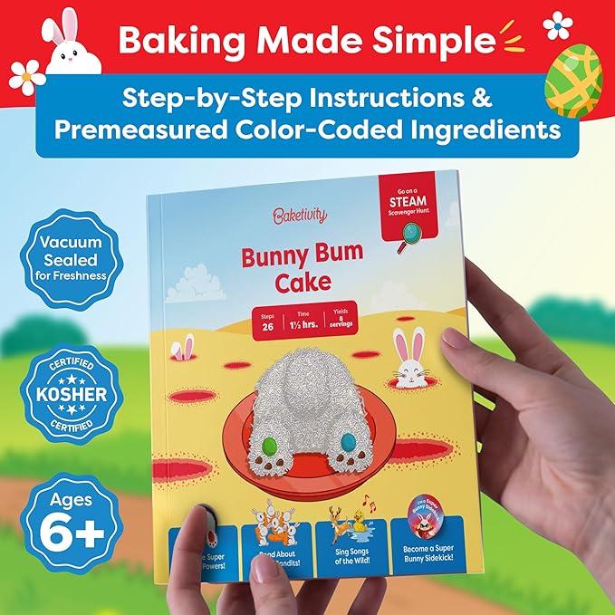 Baketivity Bunny Bum Cake - Kids Baking Kit with Premeasured Ingredients, Step-by-Step Instructions, STEM Lessons - Cake and Cupcake Decorating Kit for Kids - Cooking and Baking Kit - Best Easter Gift
