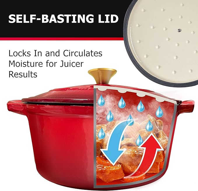 Mueller 6qt Enameled Cast Iron Dutch Oven, Heavy-Duty Casserole and Braiser Pan with Lid and Knob, Oven-Safe up to 500° F & Across All Cooktops, Red
