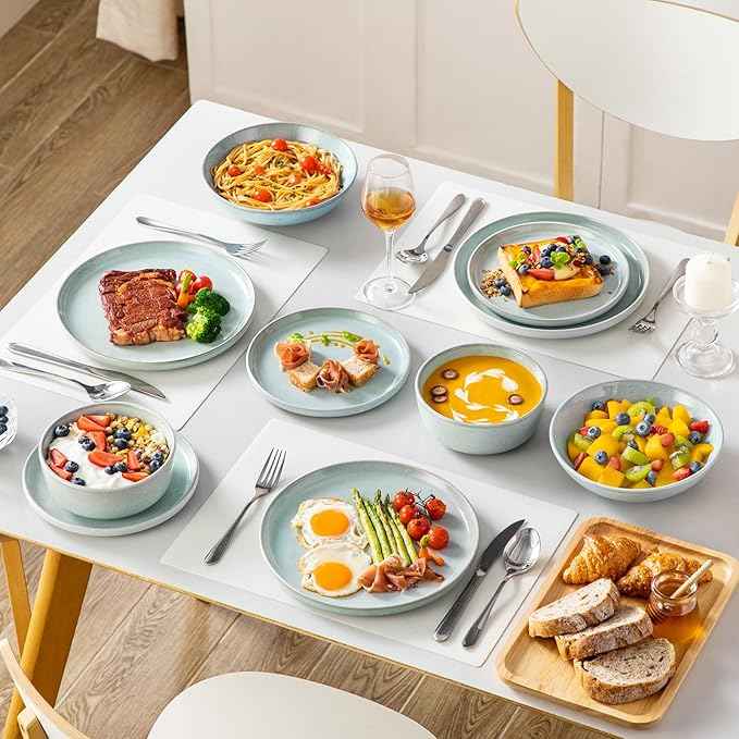 vancasso ANYA 24 Pieces Plates and Bowls Set, Mint Green Dinnerware Sets, Reactive Glaze Dishes Set for 6, Ceramic Dishware Sets Kitchen Dinner Set, Microwave & Dishwasher Safe