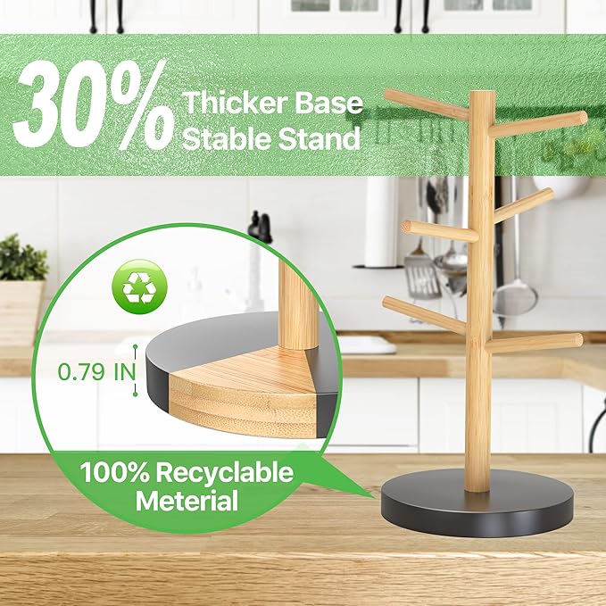 Wisuce Bamboo Mug Holder Tree, Thicker Base Coffee Cup Holder Stand for Counter, Mug Rack with 6 Hooks