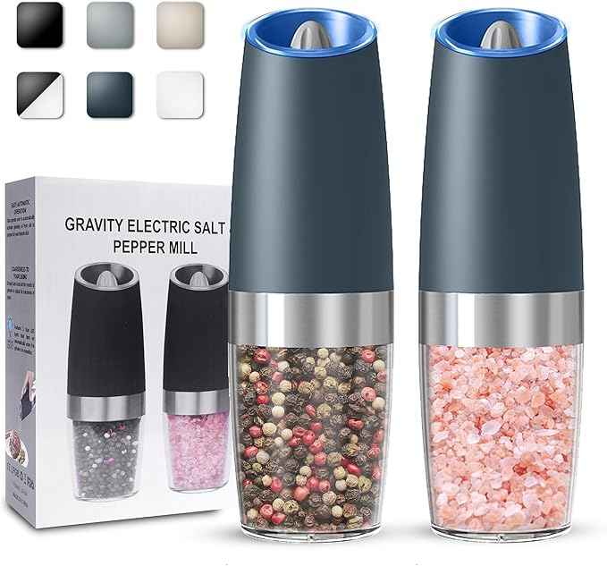 Gravity Electric Salt and Pepper Grinder set of 2, Automatic Salt And Pepper Grinder Set, Adjustable Roughness, Battery Powered, LED Light, 2 Pack, (Grey)
