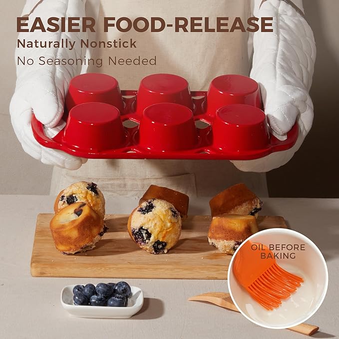 HONGBAKE Everline Collection Enameled Cast Iron Muffin Pan, Non Tocix Naturally Muffin Tin 6, Non Stick Cup Cake Pans for Baking, Oven & Stovetop Safe, Standard Size, 2 Pack, Red