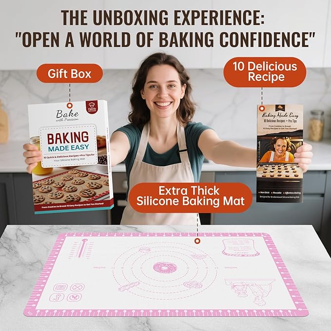 Silicone Baking Mat with 10 Recipes, Pastry Mat for Dough Rolling, Silicone Mat for Baking Macaron, Cookie, Bread, Pizza,Surdough, Fondant Mat for Kitchen, Extra Large Pink 32 X 24 INCH