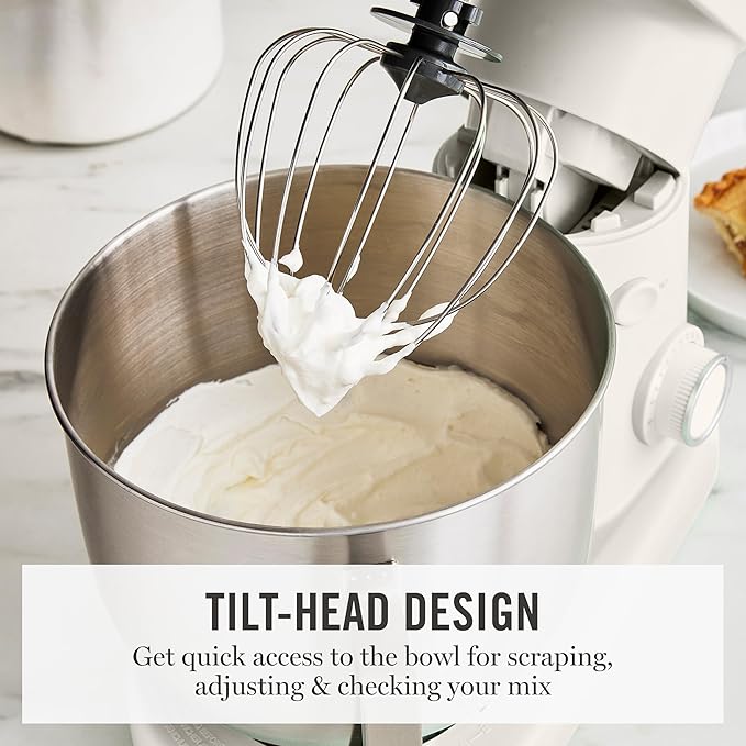 Martha Stewart  Tilt-Head Stand Mixer, 12 Speed, 5.3QT Stainless Steel Bowl, Splash Guard with Pour Chute, Whisk, Dough Hook, Flat Beater, Electric Kitchen Baking Mixer, Bread, Cake, Whip, Linen White