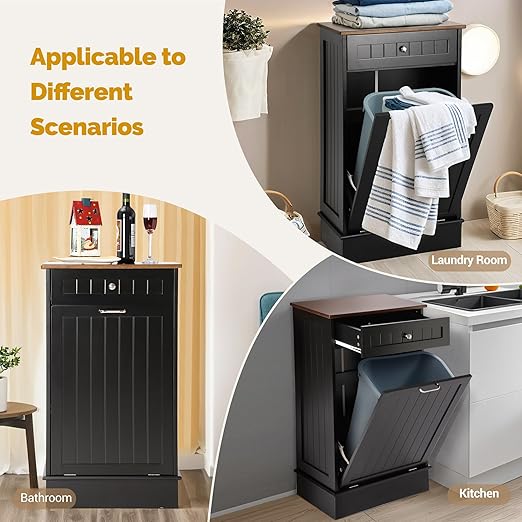 KIGOTY Tilt Out Trash Can Cabinet Trash Bin Cabinet with Hideaway Drawer Hidden Wooden Kitchen Garbage Can, Pet Proof Trash Can Holder for Kitchen (Black)