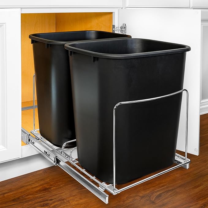 LYNK PROFESSIONAL® Double Pull Out Trash Can Under Cabinet - Under Sink Trash Can Slider - Trash Can Slide Out Drawer - Sliding Pull Out for Kitchen Garbage Bin (Trash Cans Not Included)