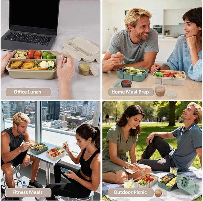 Caperci Bento Box Adult - 50 oz Large Lunch Containers for Adults and Teens, 4-Compartment Bento Lunch Box with Utensils & Leak Proof Sauce Cup, Dishwasher Safe, Durable, BPA-Free (Mocha)