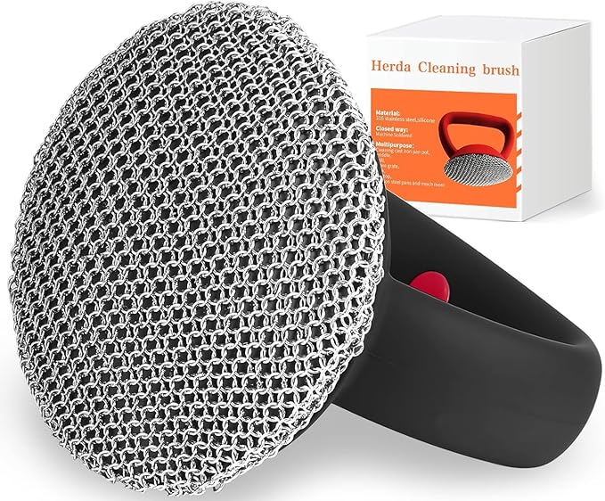 Cast Iron Cleaner Scrubber with Heavy Duty Handle, 3mm Welded Chain Mail Scrubber for Pan Pot Cleaning - Small Ring Chainmail Scrubber Metal Scrub Sponge Skillet, Oven, Griddle, Wok Brush