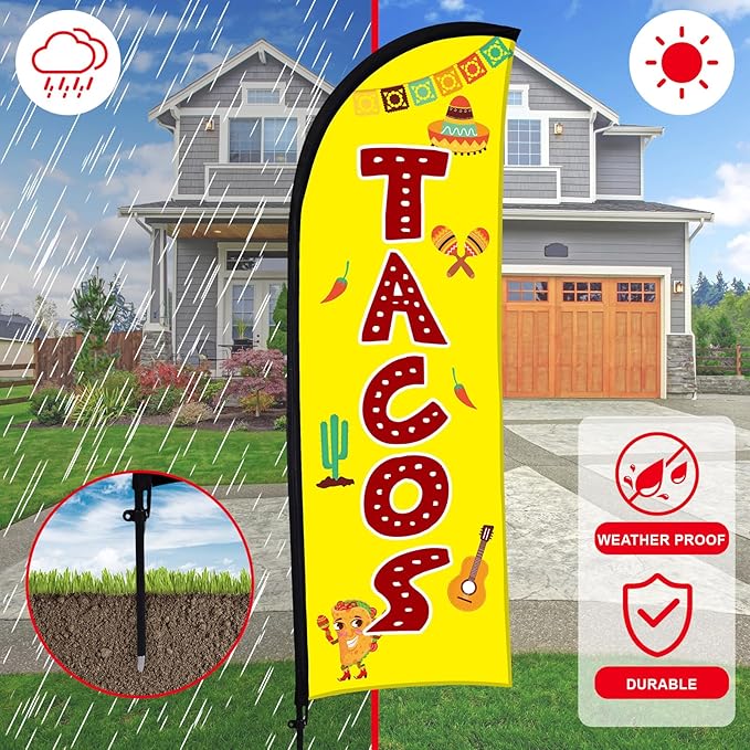 Buryeah Feather Banner Feather Flag Taco Sign Business Signs for Outside Open Flags for Businesses with Pole Ground Stake Portable for Mexican Restaurants, Diners, Markets(Yellow)