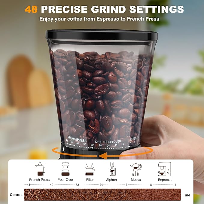 Electric Conical Burr Coffee Grinder with 48 Grind Settings, 35s Timer, Detachable 48-51mm Portafilter Holder, Anti-Static, Low Noise for Home Espresso, Drip, French Press (Black)