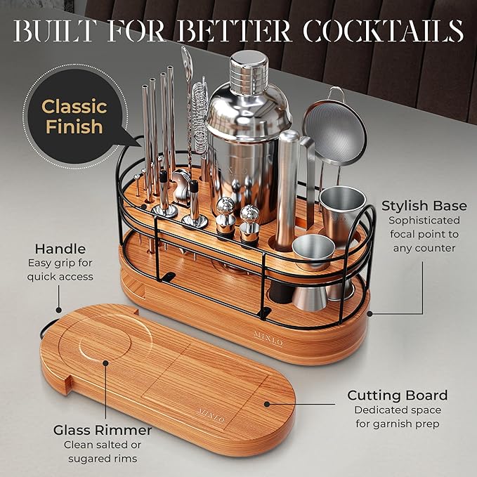 Mixology Bartender Kit - 22Pcs Bar Set Cocktail Shaker Set w Brown Bar Cart Accessories Stand - Shakers Bartending Silver Tools, 24oz Shaker, 17 Recipe Cards, Martini Barware