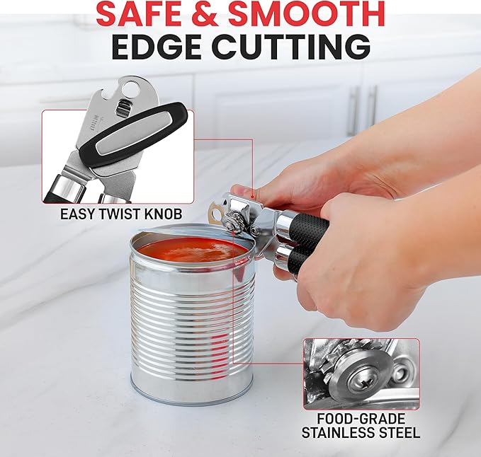 Zulay Kitchen Heavy Duty Stainless Steel Can Opener Manual with Large Bottle Opener - Manual Can Opener with Turn Knob with Soft Grip Handles - Black
