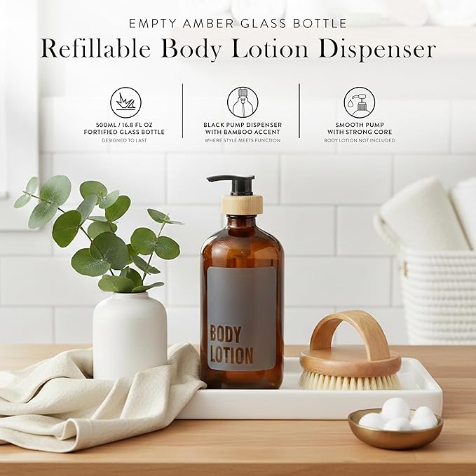 SAVVY & SORTED Amber Glass Body Lotion Dispenser with Pump, Soap Dispenser Bathroom Set, Refillable Glass Lotion Bottle with Label, Matching Soap and Lotion Dispenser Set Available, 17 Fl Oz / 500 ml
