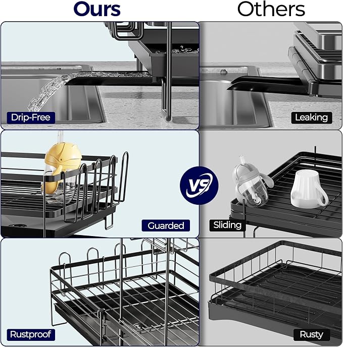 Large Dish Drying Rack, Expandable Dish Rack for Kitchen Counter, Dish Drainer with Drainboard Set, Multifunctional Dishrack with Utensil & Cup Holder, 13.4"-28.7" L x 11.8" W x 9.3" H, Black