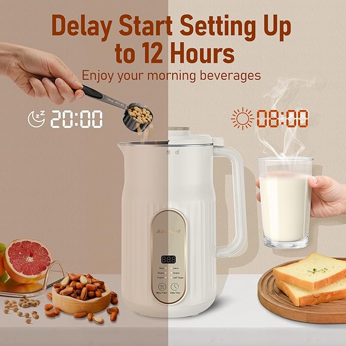 Nut Milk Maker, AlfaBot N2 Automatic Almond Milk Machine for Homemade Plant-Based Milk, Oat, Soy, Yogurt, 5 Modes/35OZ Big Capacity Soy Milk Maker with Delay Setting and Self Cleaning (Cream)