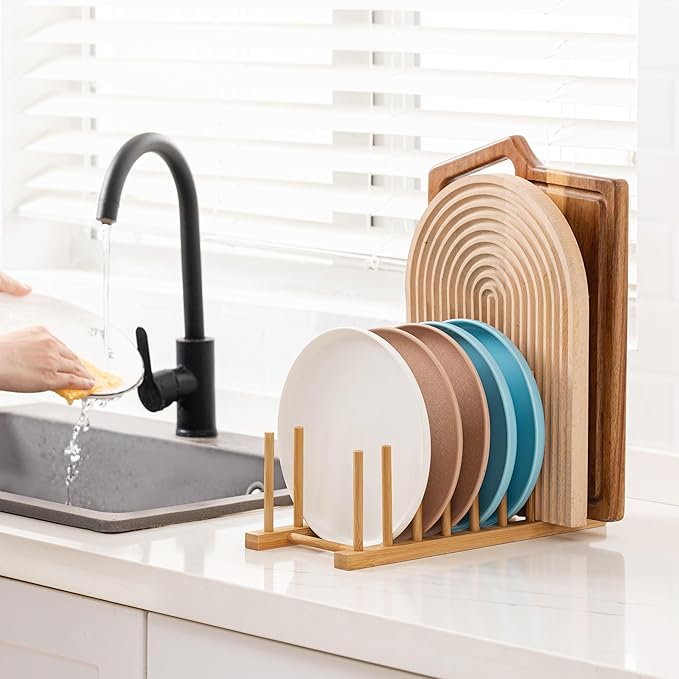 HBlife 4pcs Heighten and Widen Bamboo Dish Drying Rack Plate Bowl Cup Book Pot Lid Cutting Board Stand Drainer Storage Holder Organizer for Kitchen Cabinet