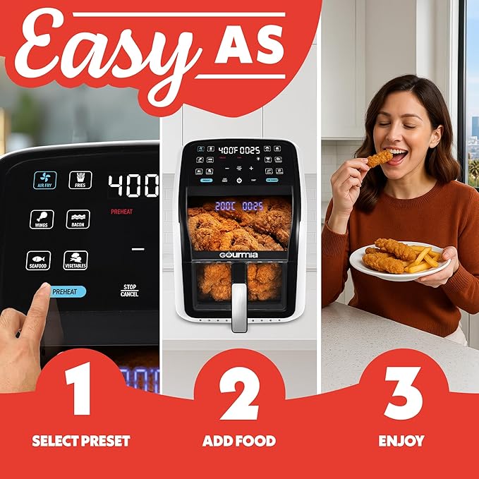 Gourmia Air Fryer 7 QT - Easy View Panorama Window & Interior Light, Guided Cooking with 12 One-Touch Presets, FryForce 360, Dishwasher Safe Accessories, White