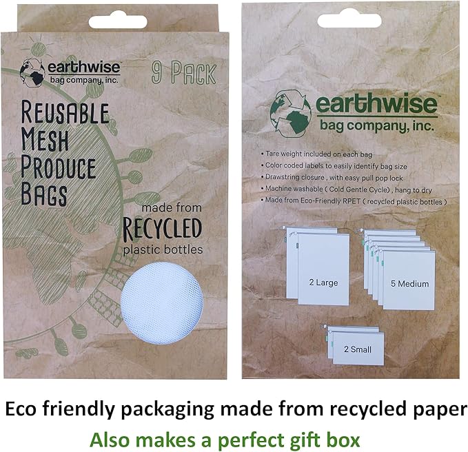 Earthwise Reusable Produce Bags Premium Mesh Set of 9 Bags Made from Recycled Plastic Bottles Ultra Durable, Eco Friendly See Through Transparent Material, Earth Friendly Gift Box (Rpet Mesh)