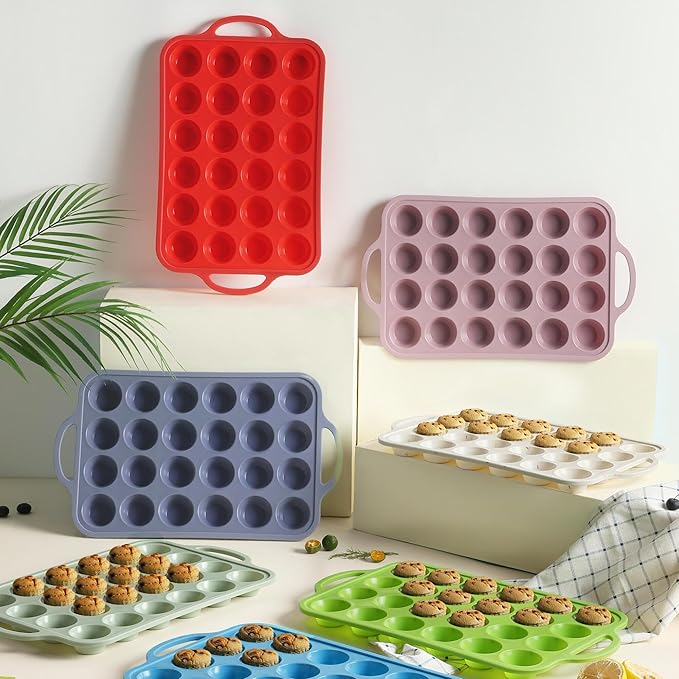 Socisen 24 Cups Silicone Muffin Pan with Metal Reinforced Frame Mini Size Cupcake Pan Tray Egg Bites Silicone Circle Cookie Molds Muffin Tin Tart Pans Baking Sheet Set for Breakfast Sandwiches Round