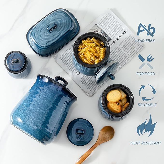 HASENSE Ceramic Food Storage Jar with Airtight Lid, 80 FL OZ Large Blue Coffee Container & Candy Canister for Countertop, Farmhouse Kitchen Decor for Sugar, Tea, Flour, Cookies, Snacks & More