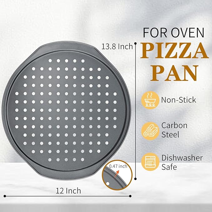 Bestdin 5Pcs Pizza Pan Set - 12 inch Pizza Pan with Holes, Non-stick, Pizza Oven Accessories with 2 Carbon Steel Round Pans, Pizza Cutter and 2 Gloves, Dishwasher Safe